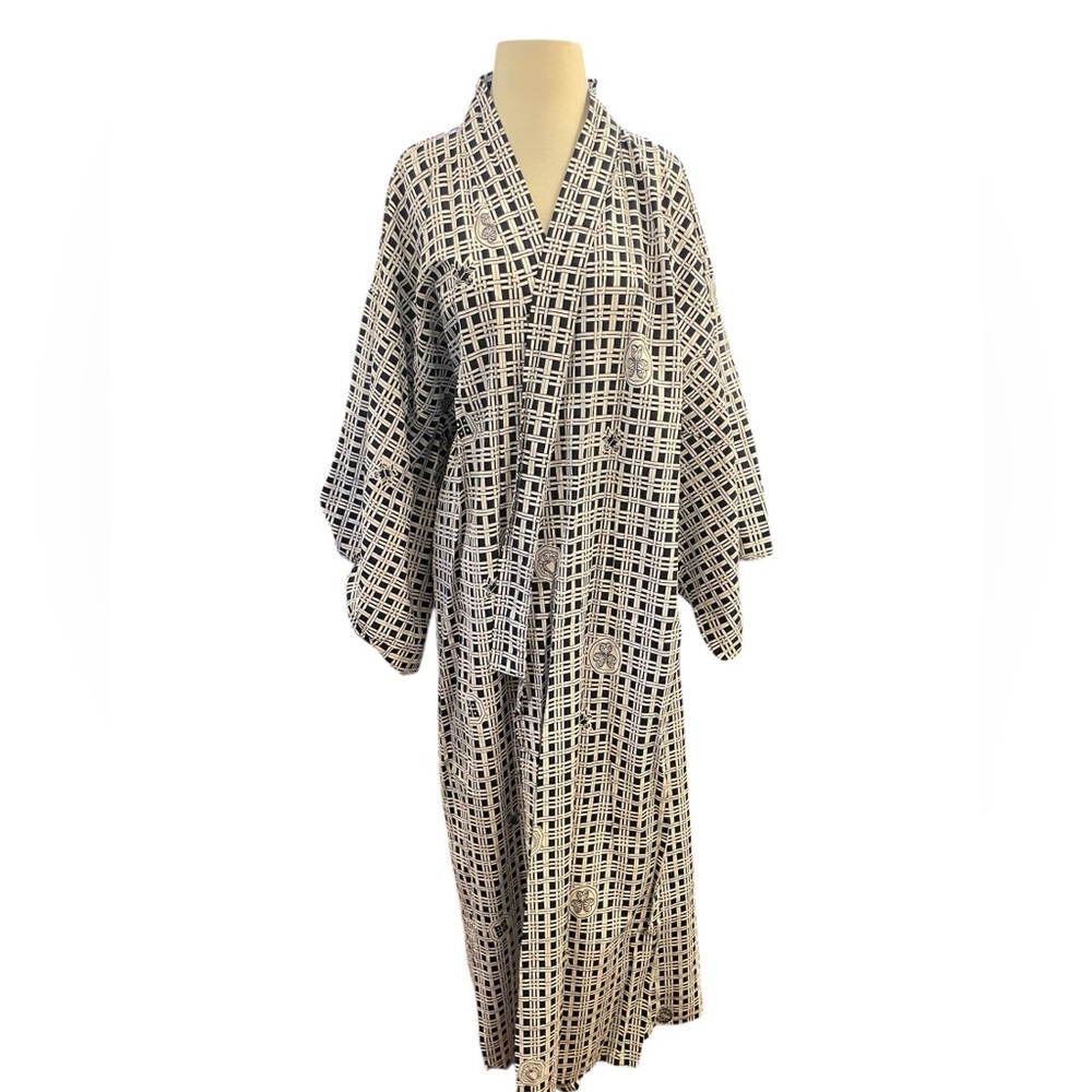 Japanese Juguemm Yukata Robe Cotton Dark Blue White Geometric Pattern Sz 55 in